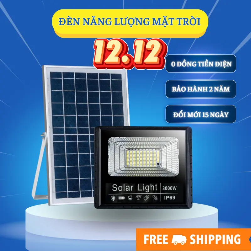 Đèn Pha Năng Lượng Mặt Trời 3000W - VỎ NHỰA , Chống nước IP69, Sáng 6-8 tiếng