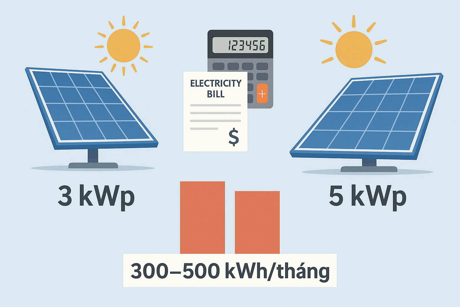 3 kWp hay 5 kWp: cái nào lời hơn cho hoá đơn 300–500 kWh/tháng?